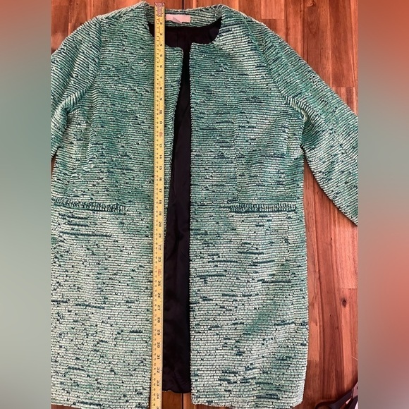 H&M Bright Green Jacquard Weave Fuzzy 3/4 Sleeve Open Front Jacket Sz 8 - Picture 8 of 9